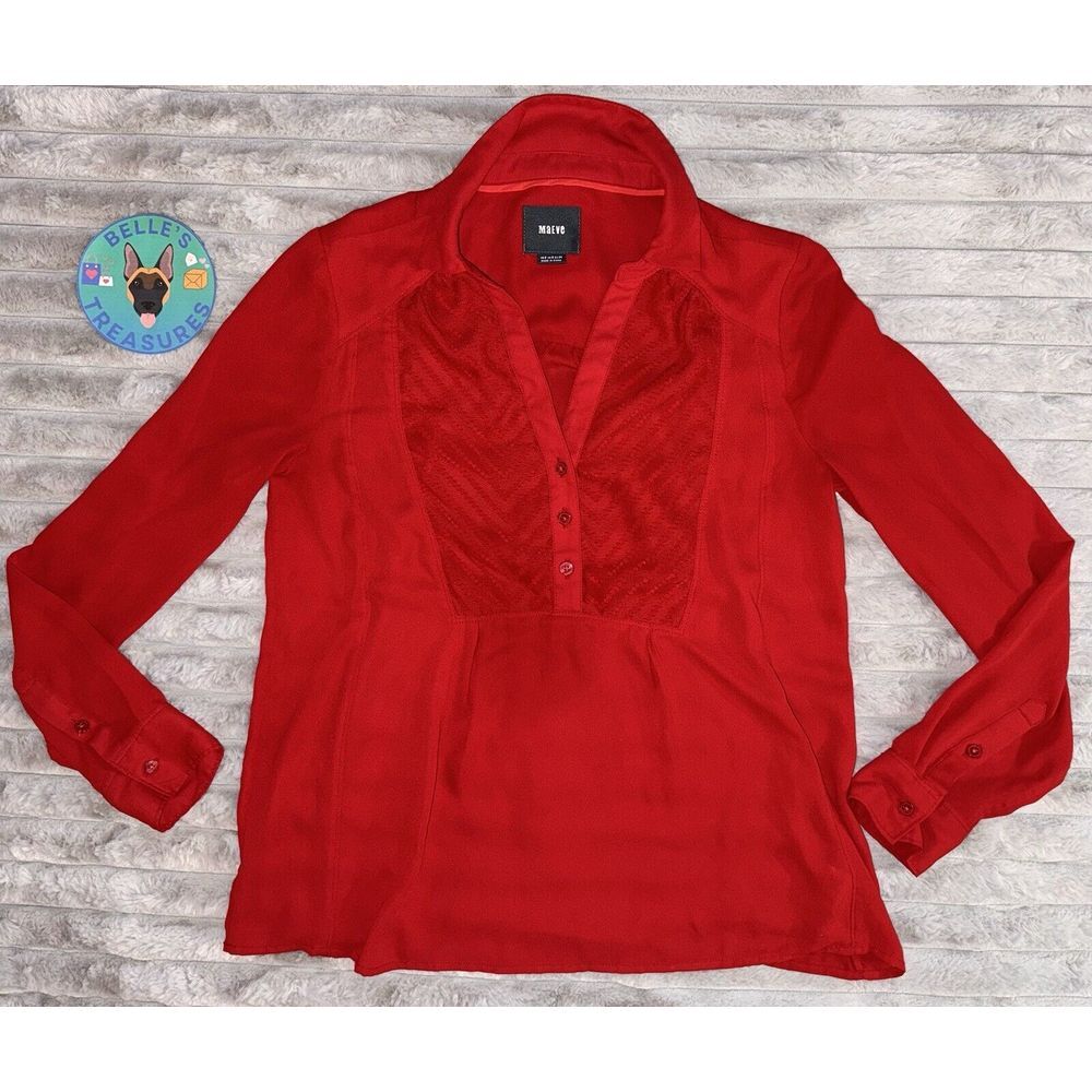 Anthropologie Maeve Women's De Stijl Chiffon Red Henley Top‎ 2 Empire Waist Y2K